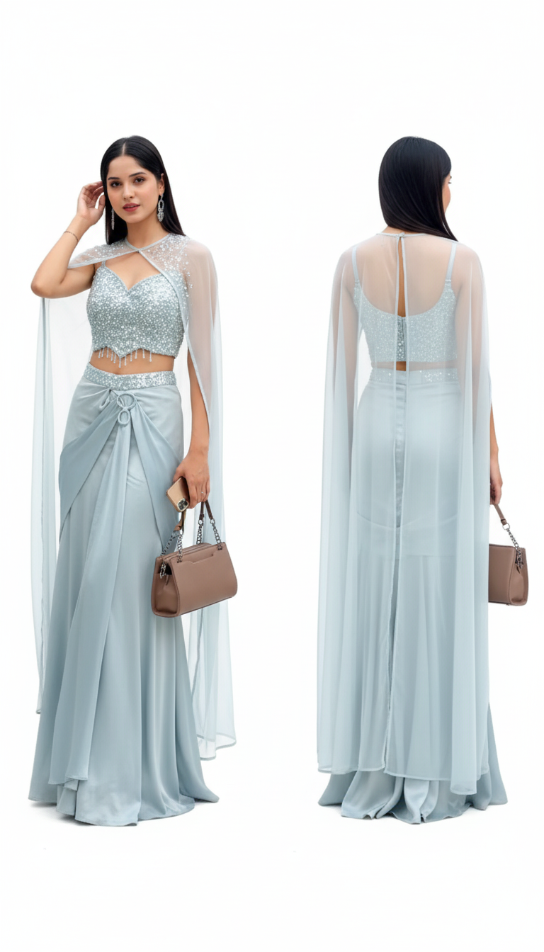 Pretty Blue Drape Handwork Saree Lehenga – Elegant Ethnic Ensemble for Women